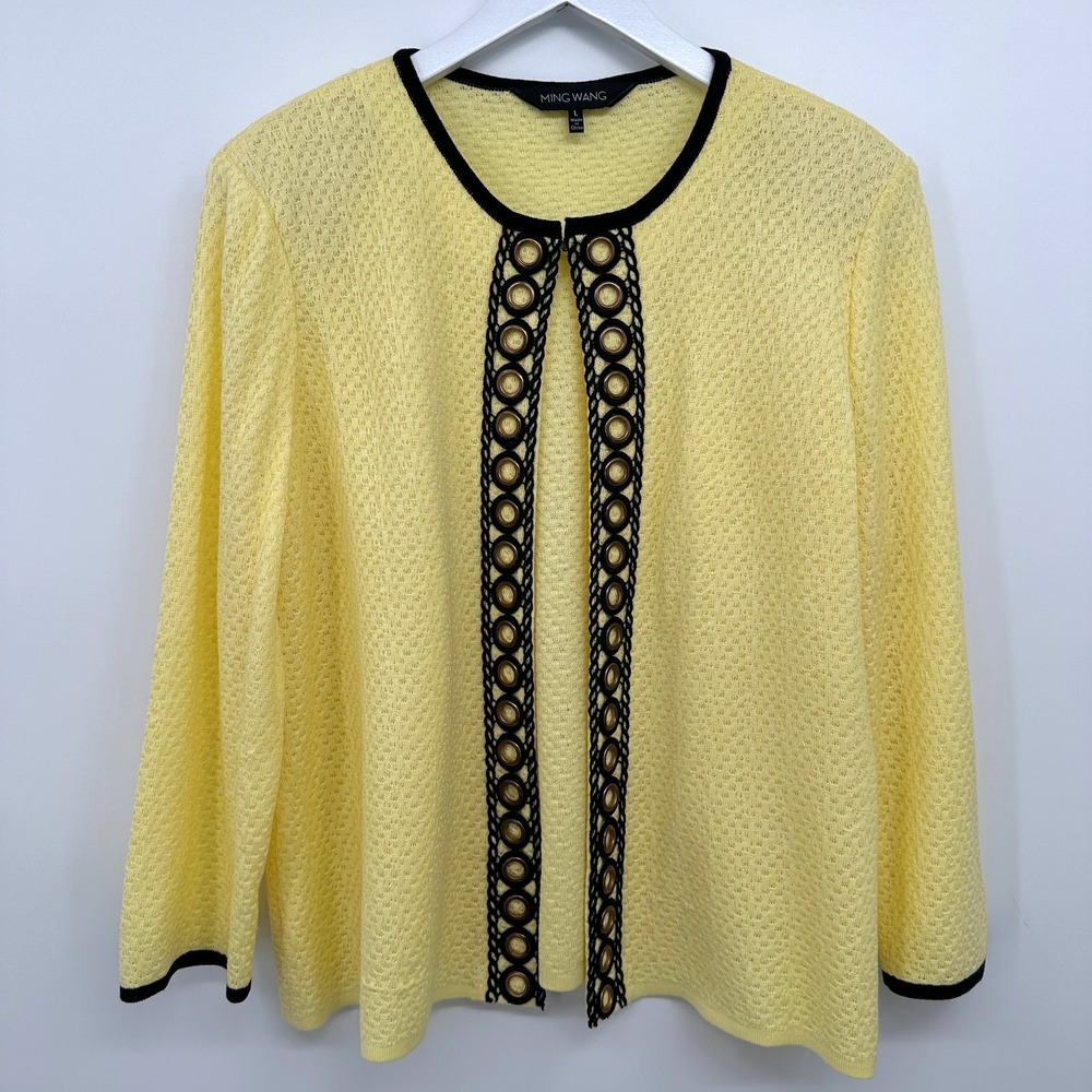 Ming Wang Cardigan Jacket Large Knit 3/4 Sleeve Shoulder Pads Office Career Boho
